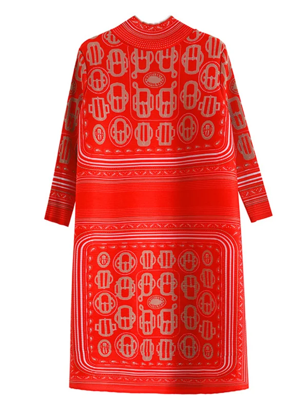 Original Roomy Contrast Color Pleated Stamped High-Neck Midi Dress