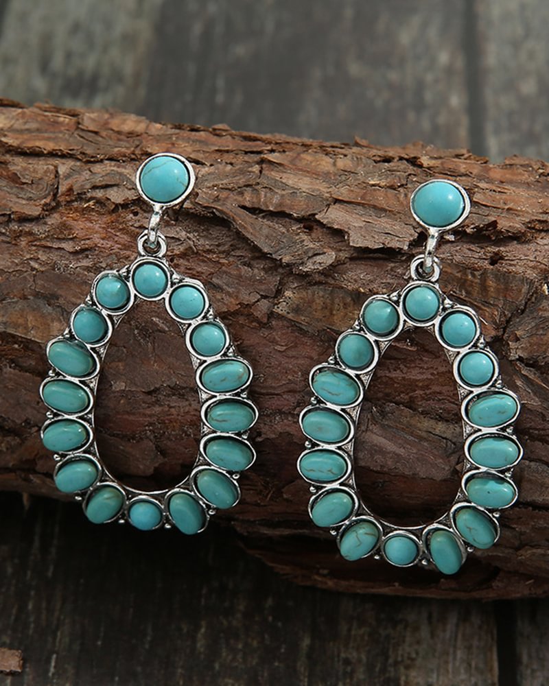 Retro Water Drop Hollow Inlaid Turquoise Stud Earrings