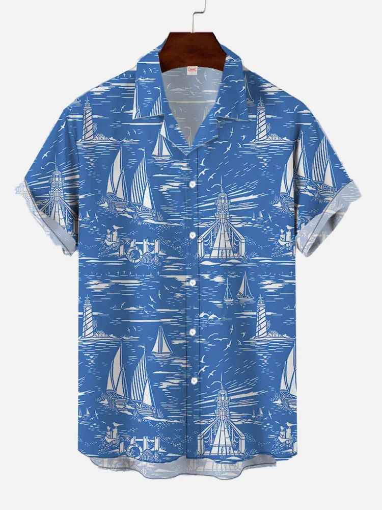 Vintage Blue Sailboat Pier Seagull Print Hawaiian Cuban Collar Short Sleeve Shirt