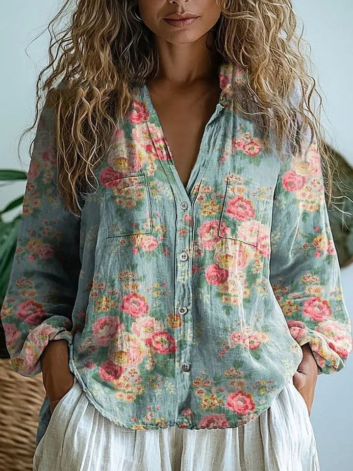 Women's Vintage Lovely Floral Art Print Casual Long Sleeve Comfortable Cotton Shirt