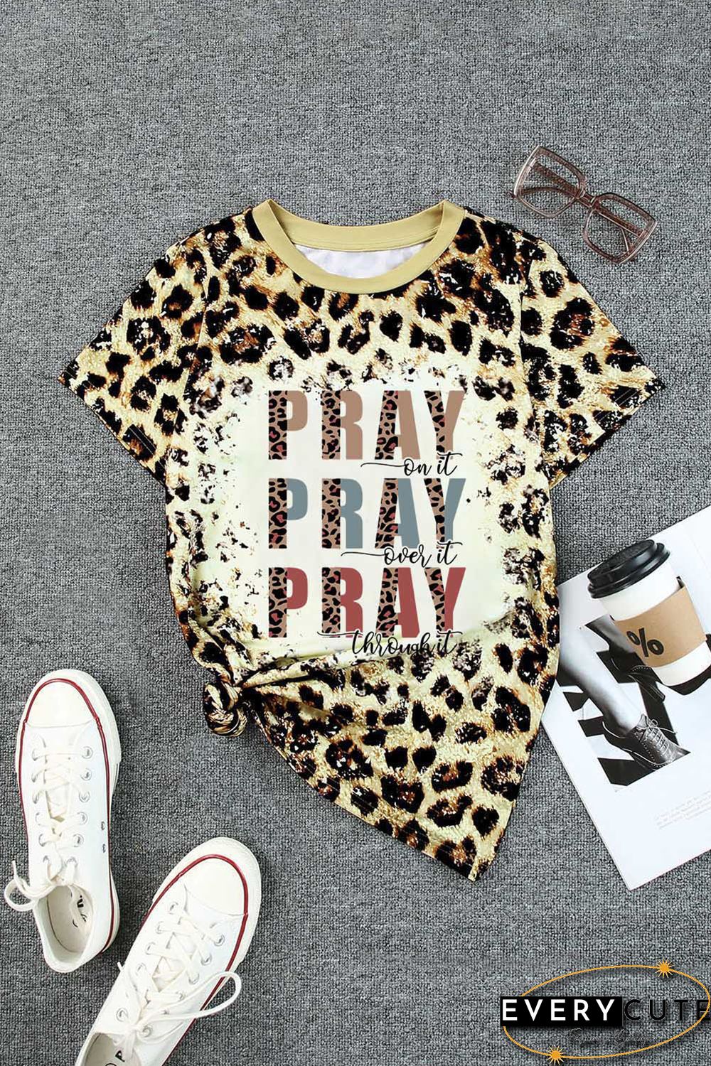 Leopard PRAY Print Bleached T-shirt
