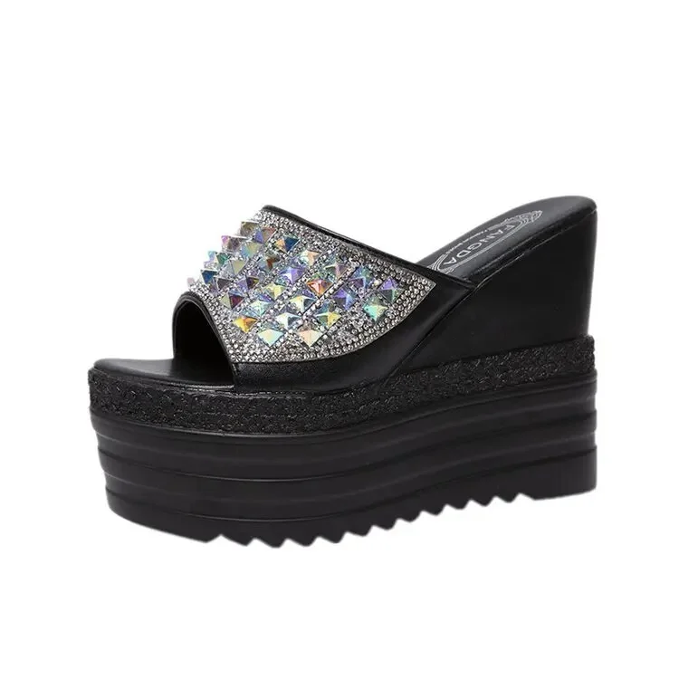 Punklens Rhinestone Wedges Heel Women Slippers Platform Shoes Peep Toe Height Increasing Slides Ladies Sandals Zapatos De Mujer