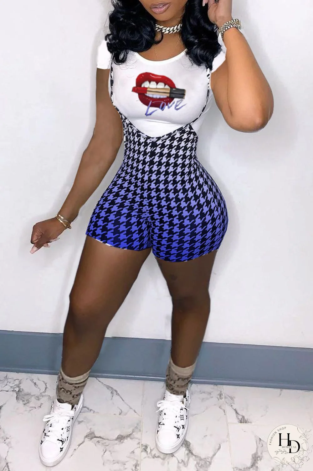 Blue Fashion Casual Print Basic O Neck Short Sleeve Two Pieces