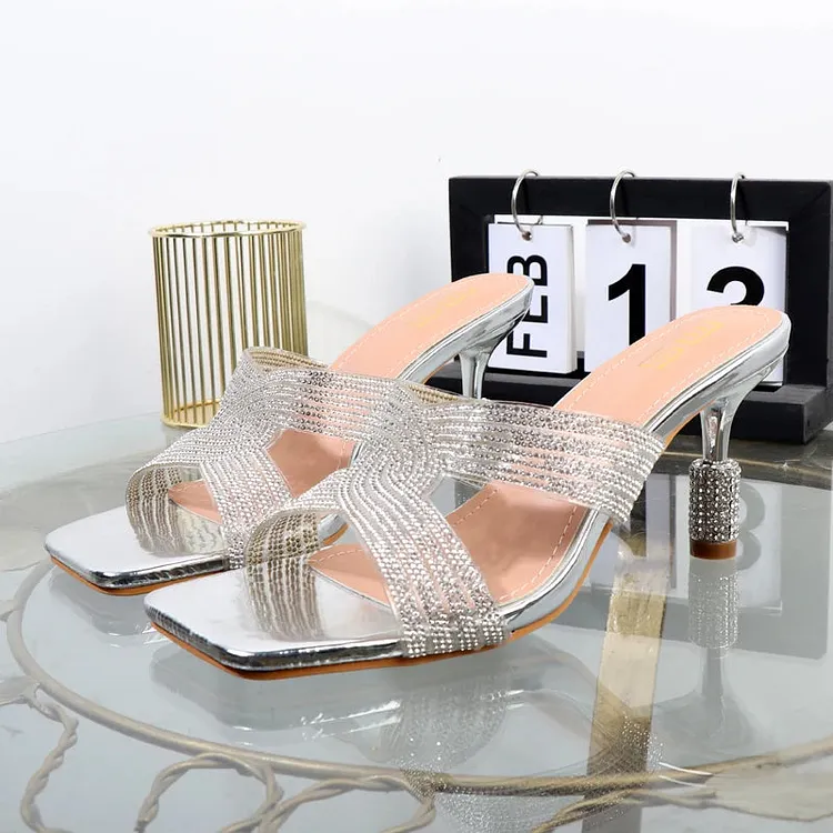 Open Toe Rhinestone Drag Slippers with Thin Heels