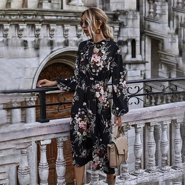 Puff Sleeve Spring Winter Floral Dress Women Casual Bow Stand Collar High Wasit Long Sleeve Dress