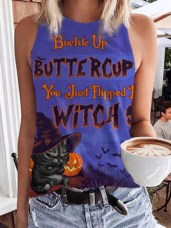 Women's Halloween Cat Buckle Up Buttercup Witch Print Sleeveless T-Shirt
