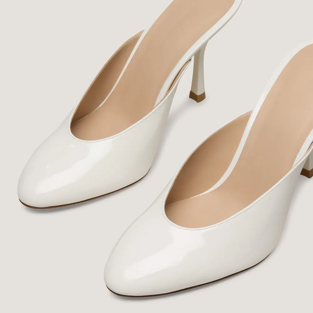 White Patent Leather Round Toe Slip On Stiletto Heeled Mules