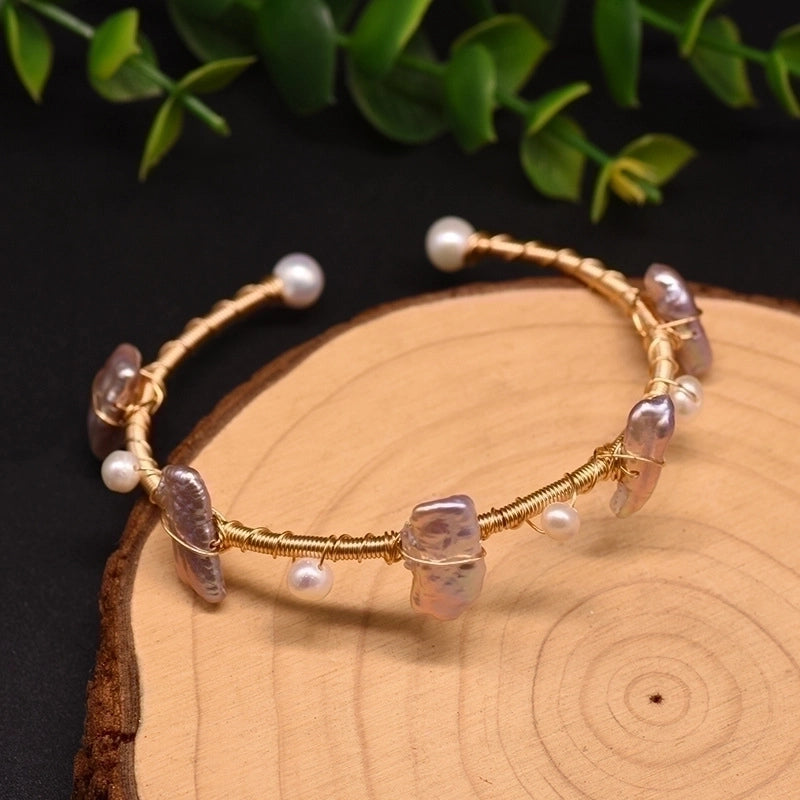 Retro Flower Copper Plating Inlay 18K Gold Plated Pearl Bangle