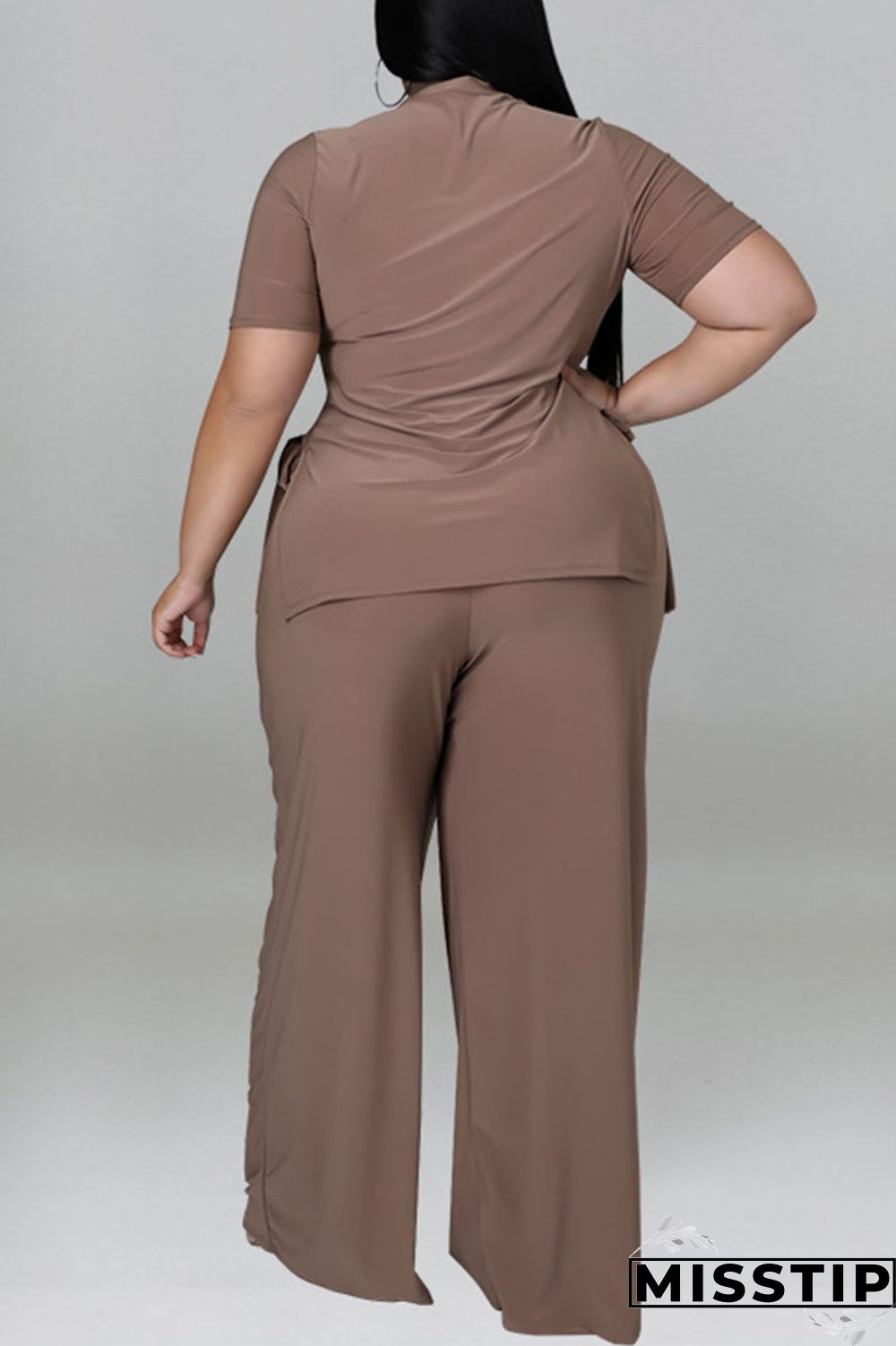 Purple Casual Solid Patchwork O Neck Plus Size Two Pieces