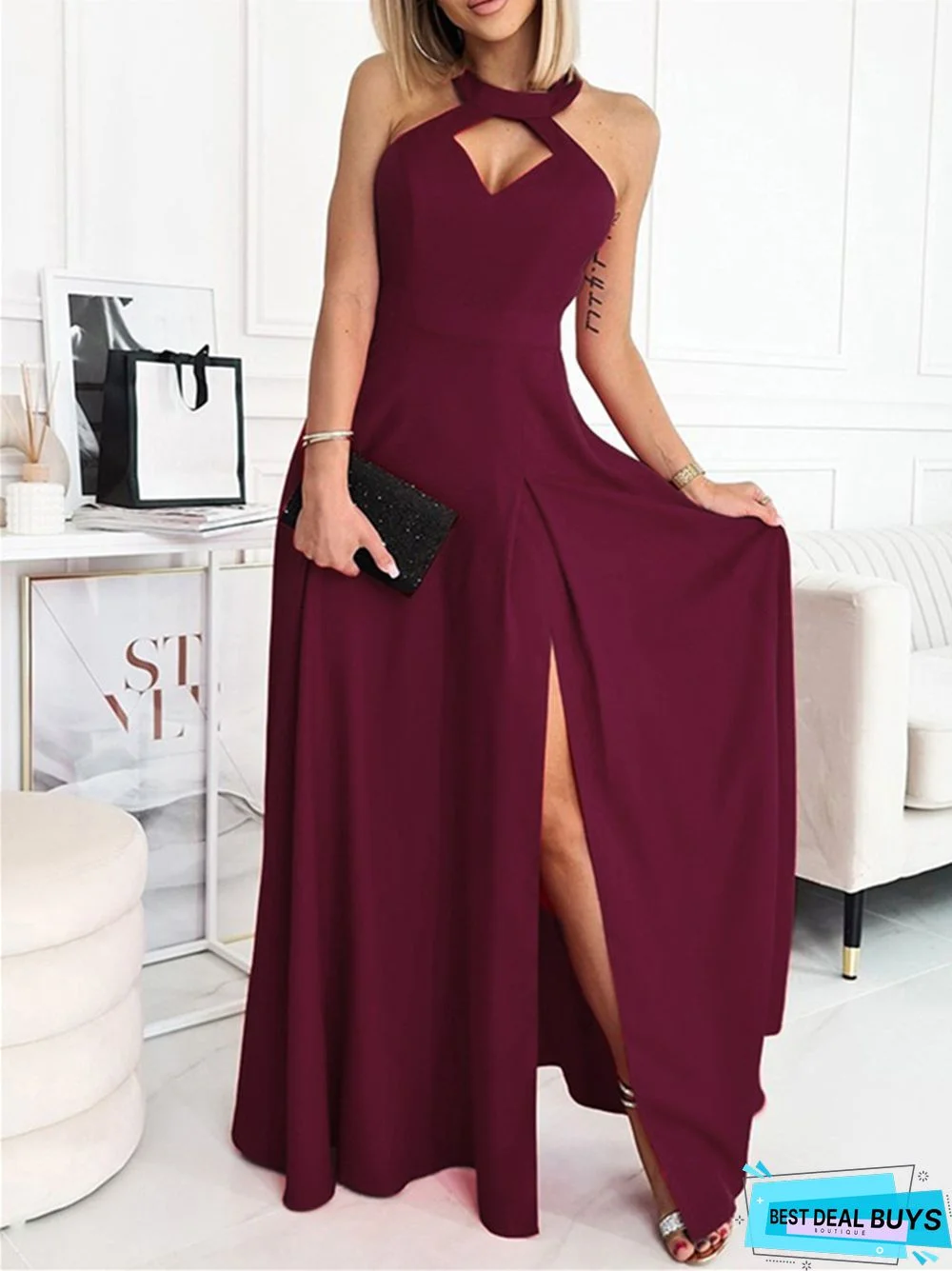 Solid Color Sleeveless Waist Dress Full Skirt