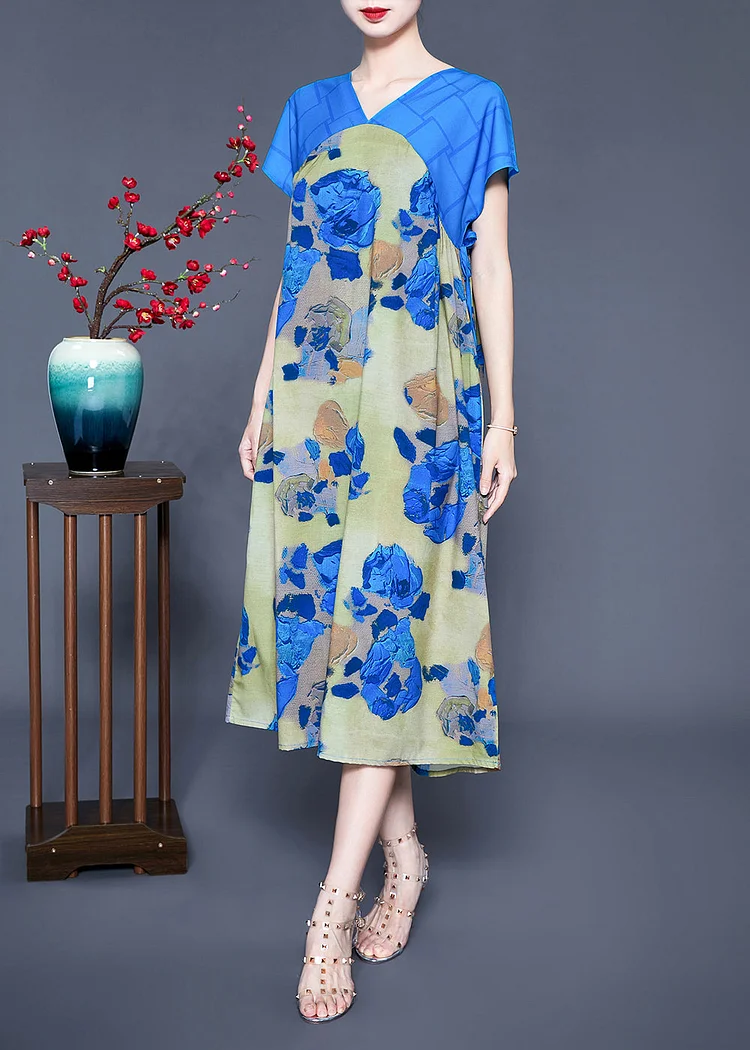 Casual Blue V Neck Patchwork Print Silk Holiday Dress Summer