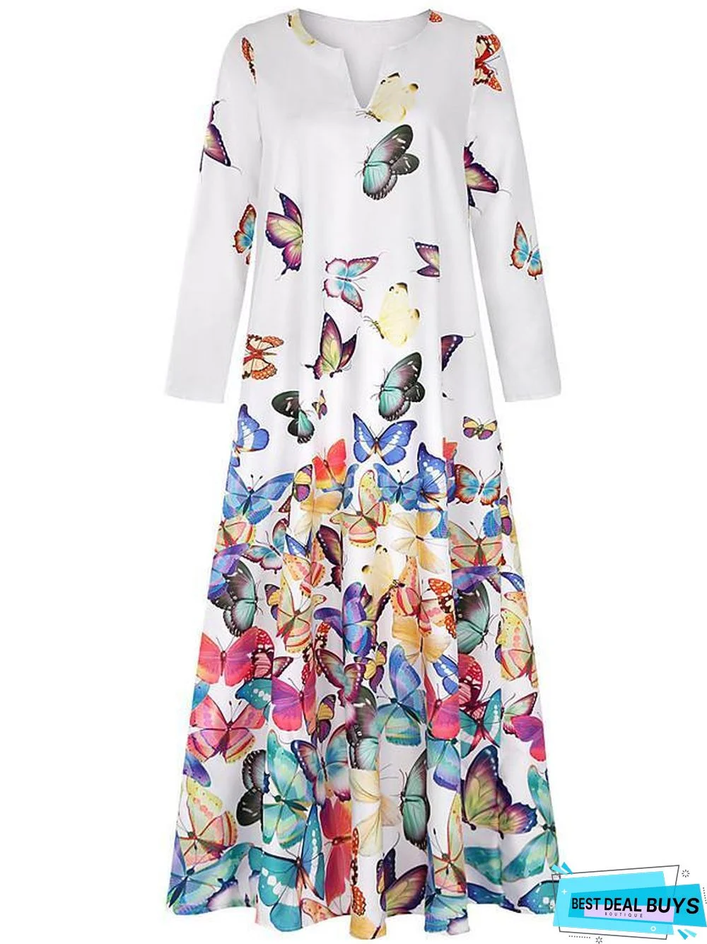Women's Shift Dress Maxi Long Dress - Long Sleeve Butterfly Spring Fall Hot Loose White Yellow Blushing Pink Light Blue