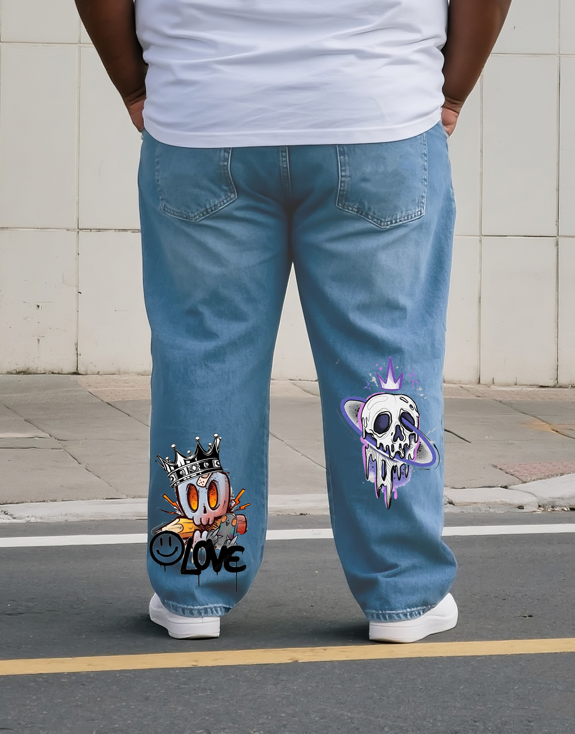 Big & Tall Men's Street Fashion Trend Personality Skull Print Denim Pants. Solid Front