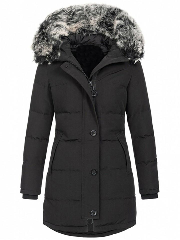  thdmladies Comfortable Zipper Button Pocket Fur Collar Hooded Padded Coat thedmladies