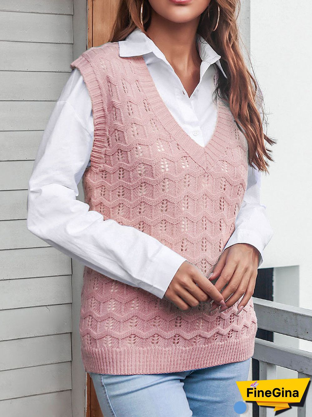 Solid Sleeveless Knitted Crochet Pullover V-neck Sweater
