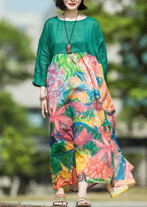 Natural green print linen clothes For Women o neck patchwork Kaftan summer Dress