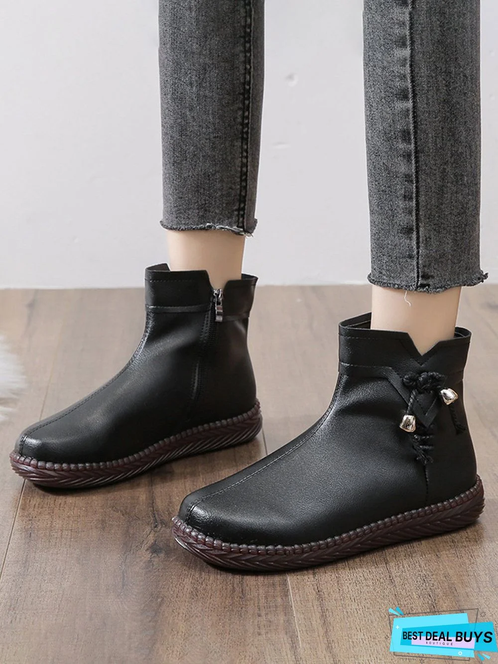 Women's Bow Faux Fur Lined Plain Boots with Zipper