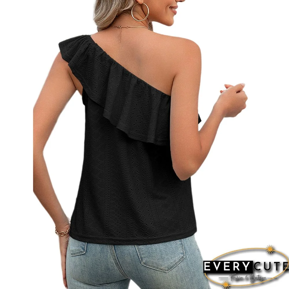 Black Ruffled One Shoulder Tank Tops