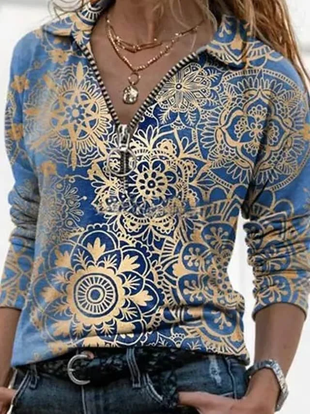 Women's Blouse Vintage Floral Print Zipper V-neck Long Sleeve Tops