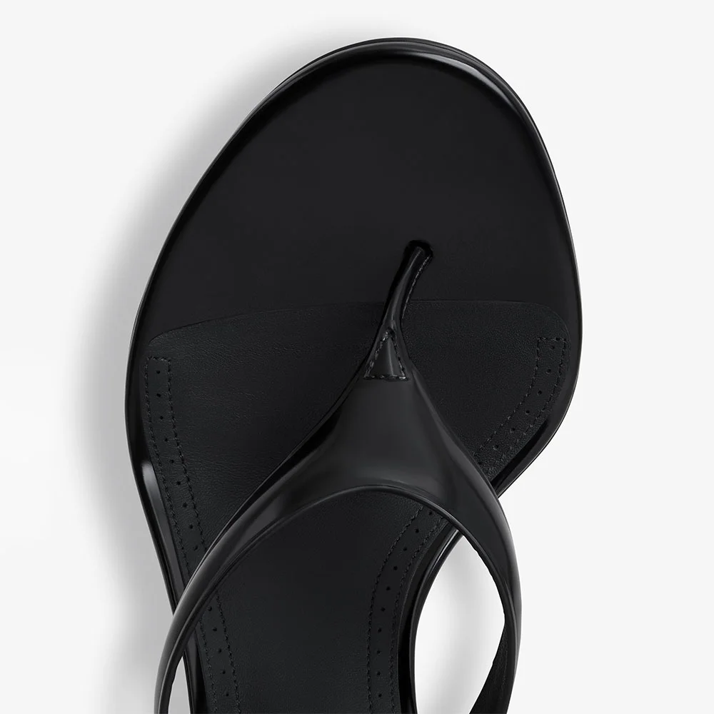 Patent Leather Open Toe Slingback Flip Flop Black Heels Sandals