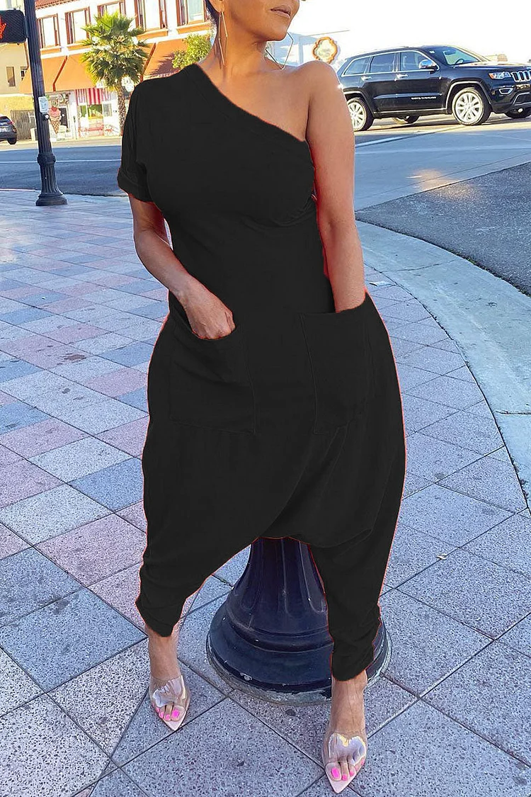 Casual Solid Asymmetrical Oblique Collar Loose Jumpsuits(6 Colors)