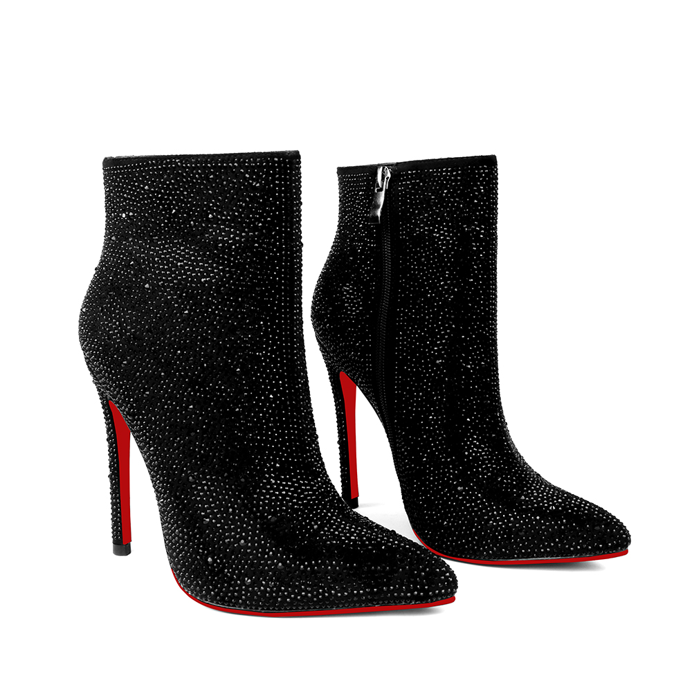 100mm/120mm Women's Rhinestone Ankle Boots with Closed Pointed Toe  Stilettos Autumn Red Bottom Warm Dress Booties -vocosishoes