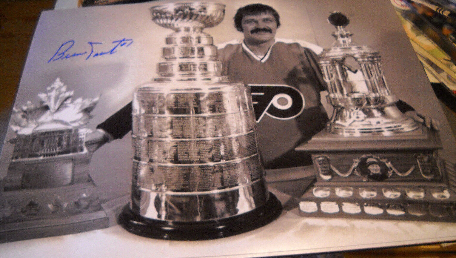 BERNIE PARENT AUTOGRAPH SIGNED 16X20 Photo Poster painting COA WITH THE TROPHIES CUP FLYERS