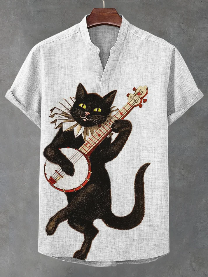 Men's Black Cat Playing Banjos Print Casual V Neck T-Shirt