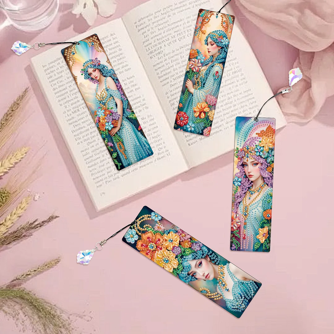 4Pcs Flower Beauty DIY Diamond Bookmark Art Projects Irregular Shaped Diamonds Diamond Painting Art Bookmarks with Crystal Pendants for DIY Making Beginners Adult Art Craft Supplies