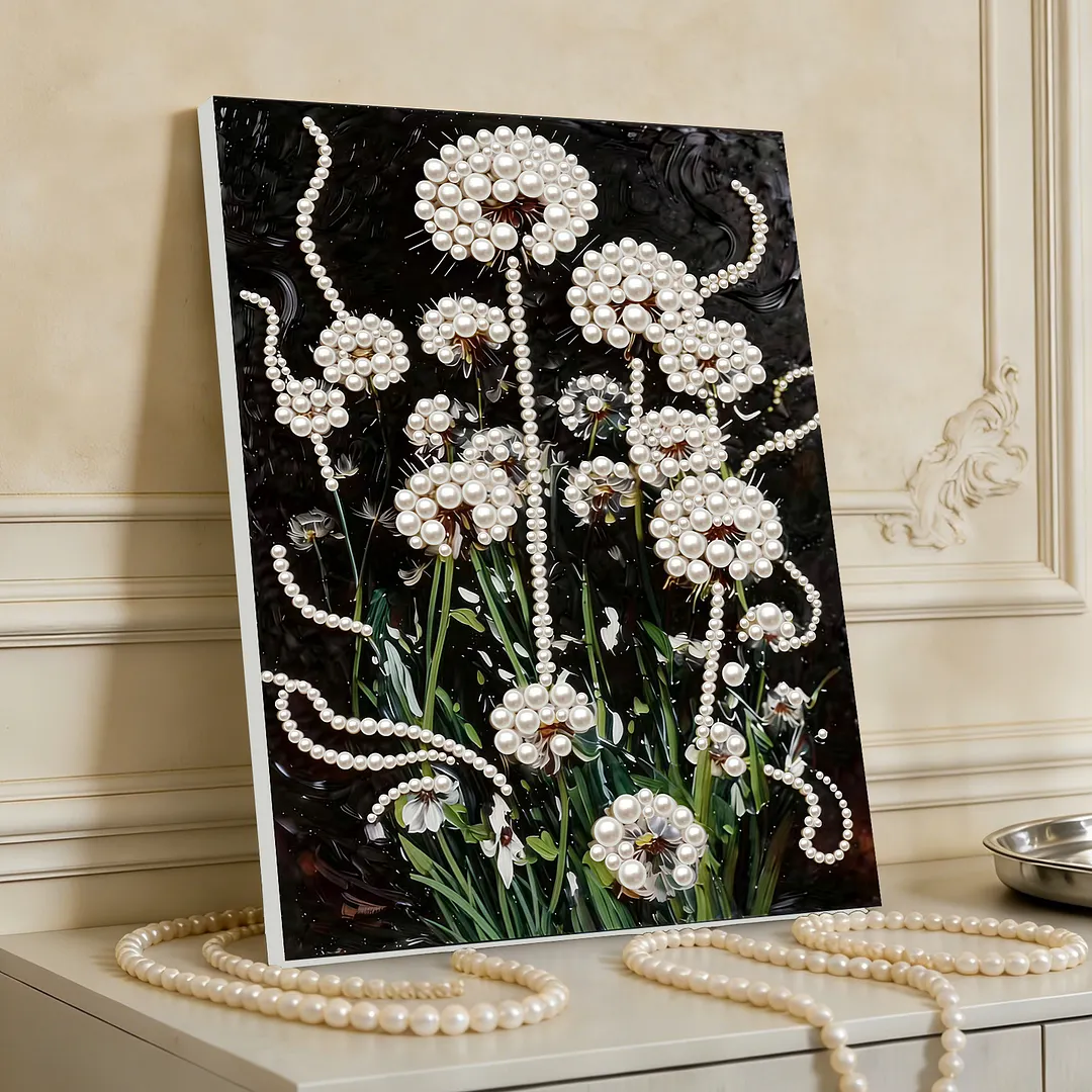 DIY Dandelion Pearl Painting Kit for Adults Beginners Gift Idea Home Wall Decor Pearl Gem Paintings Picture Arts Craft 30x40cm with Frame