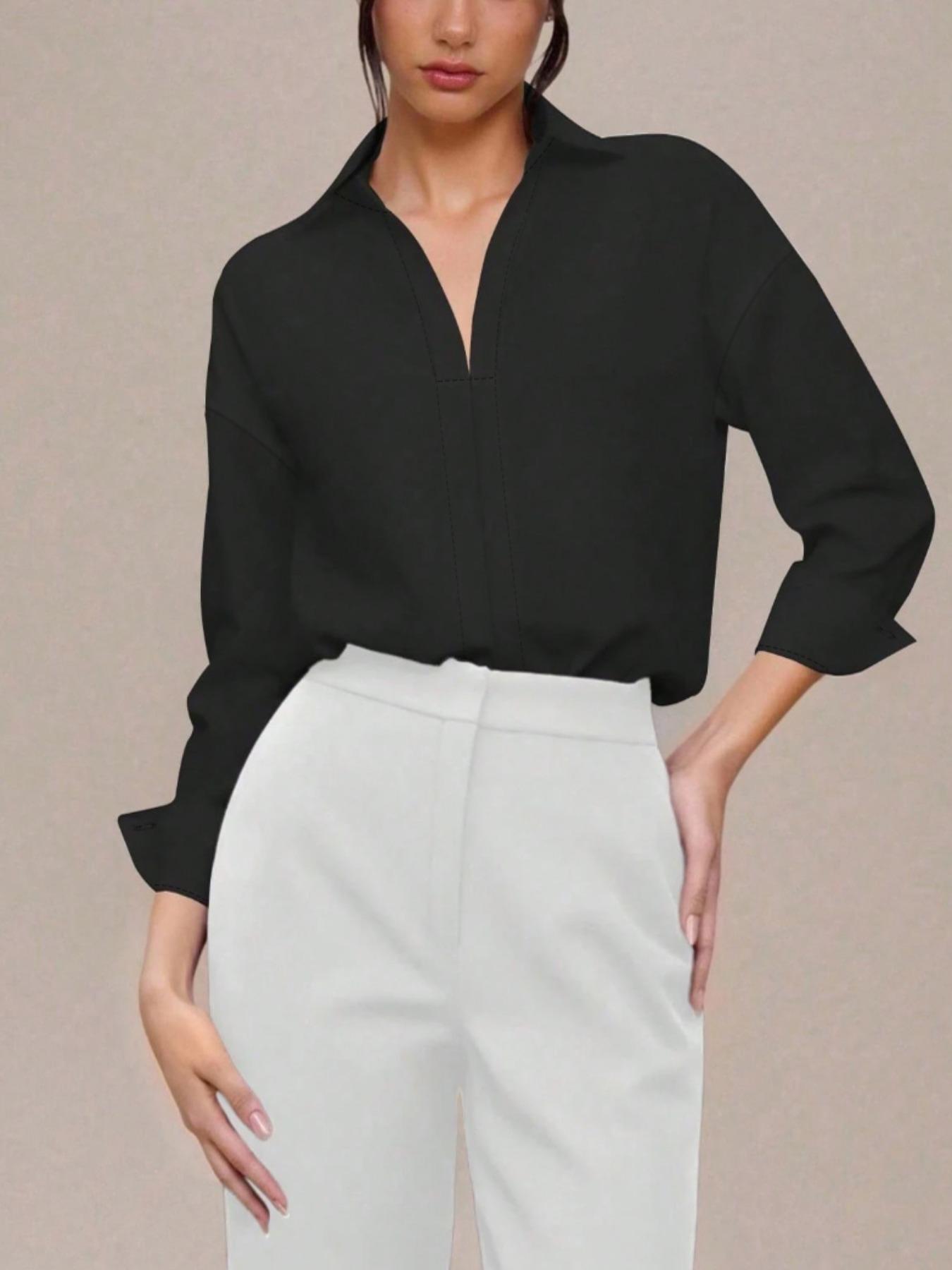 Women's casual loose V-neck long-sleeved shirt jumpsuit, elegant woven fabric, slim fit, suitable for all seasons, and can be layered flexibly, Womenswear Women's casual loose V-neck long-sleeved shirt jumpsuit, elegant woven fabric, slim fit, suitable for all seasons, and can be layered flexibly, Womenswear