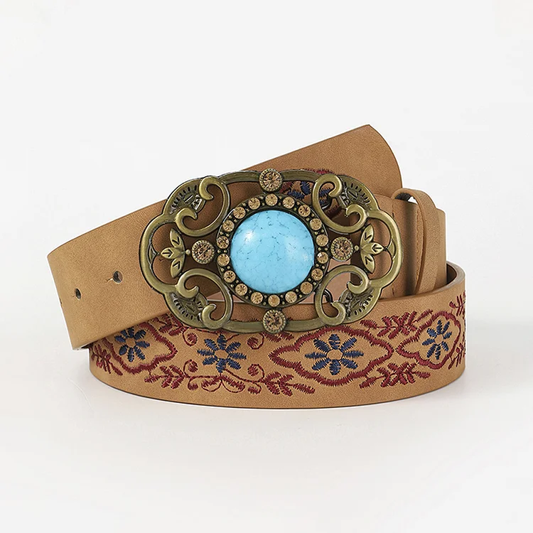 Ethnic Floral Leaf Pattern Embroidered Buckle Belt