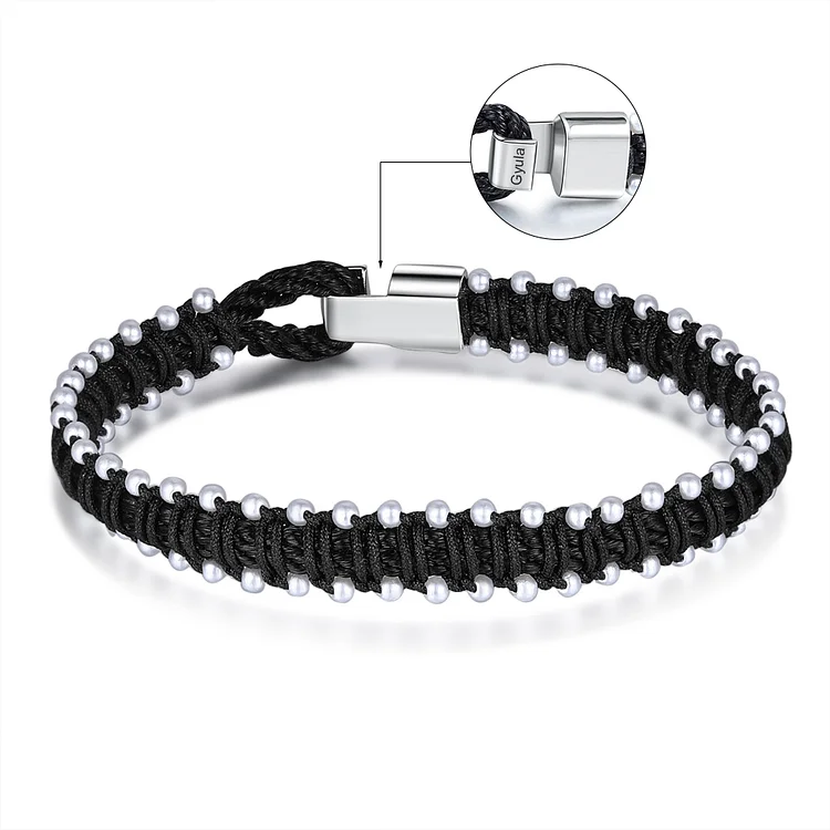 Personalised Men's Woven Black Cord Steel Bead Bracelet