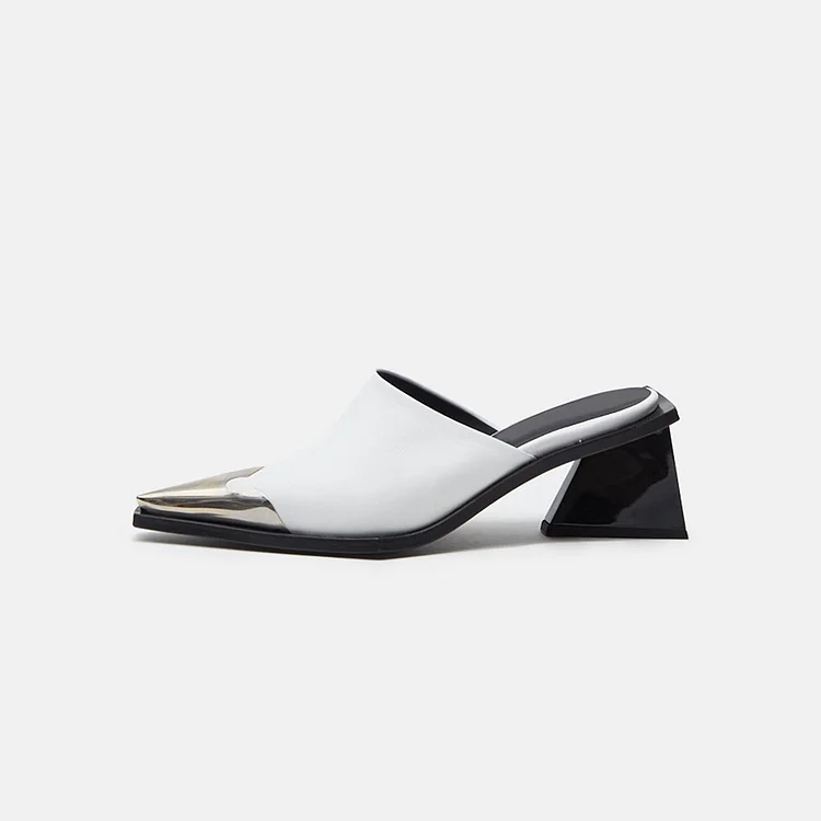 White Metal Toe Cap Decorative Heel Mules for Women |FSJ Shoes
