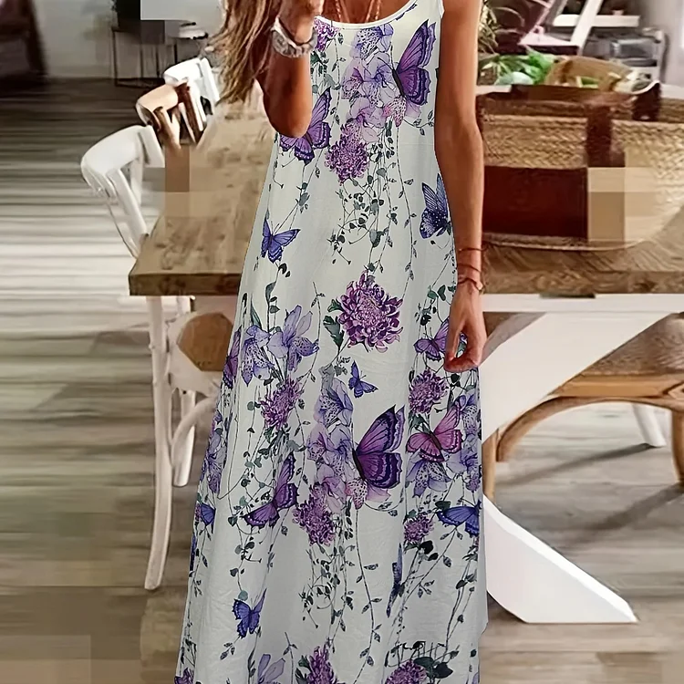 Plus Size Boho Dress, Women's Plus Butterfly & Floral Print Round Neck Maxi Tank Dress