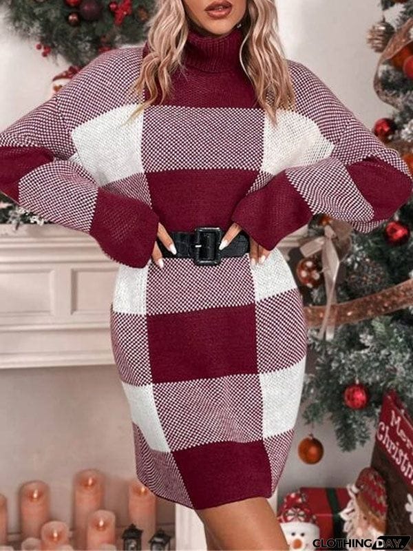Long Sleeves Loose Contrast Color Plaid High Neck Mini Dresses Sweater Dresses