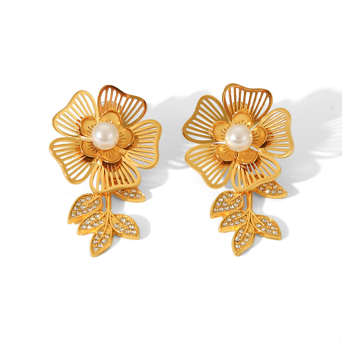 IG Style Pearl Leaf Flower Geometric Stainless Steel Electroplating Earrings