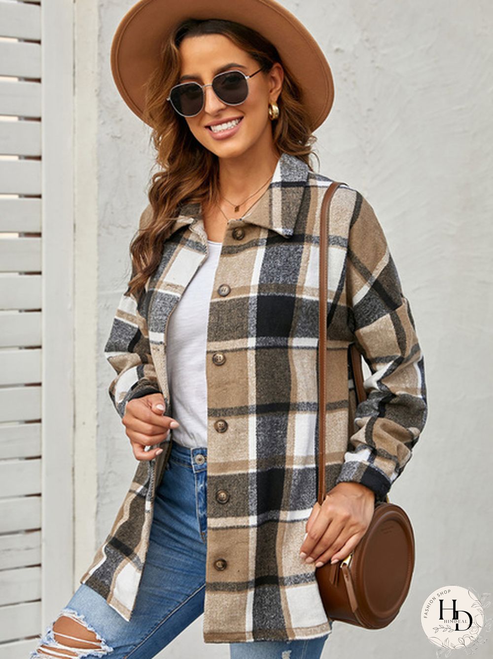 Women Plaid Print Buttoned Shirt Jacket