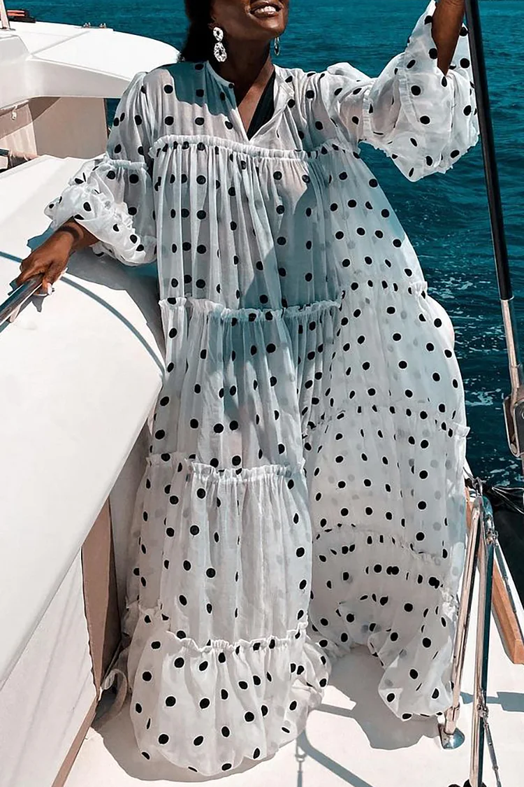 Plus Size White Daily Puff Sleeves Polka Dots Maxi Dresses 