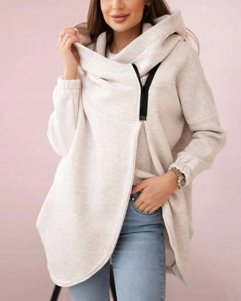 Asymmetrical Zipper Solid Color Long Sleeve Hooded Sweatshirt