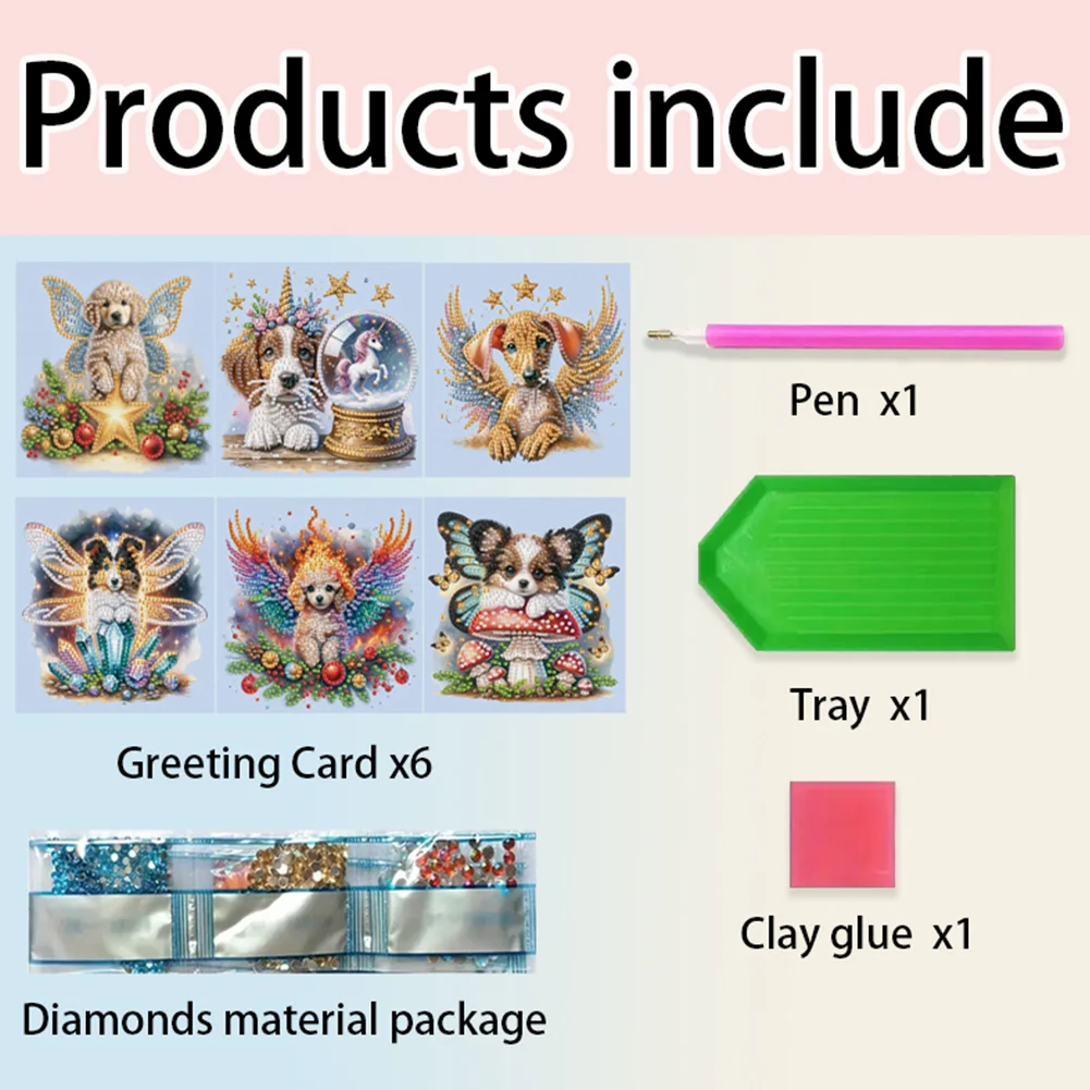 6Pcs 5D DIY Dog Diamond Painting Greeting Card Craft for Friend Family Lover