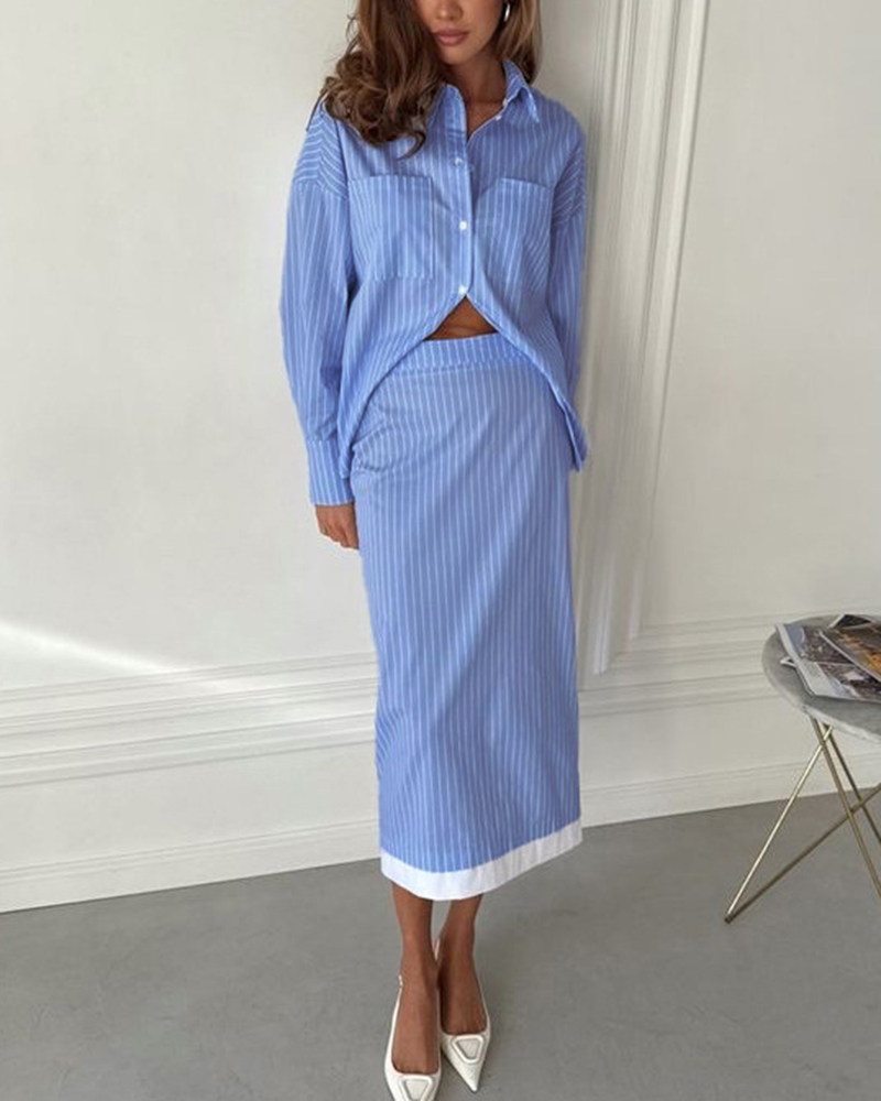 Striped Long Sleeve Front Pockets Shirt & White Trim Hem Midi Skirt Set