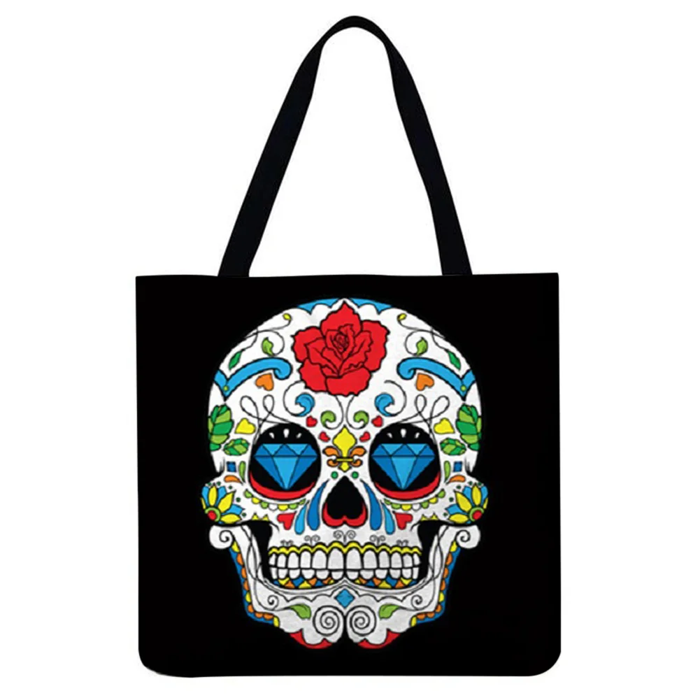 Linen Tote Bag-Colorful skull