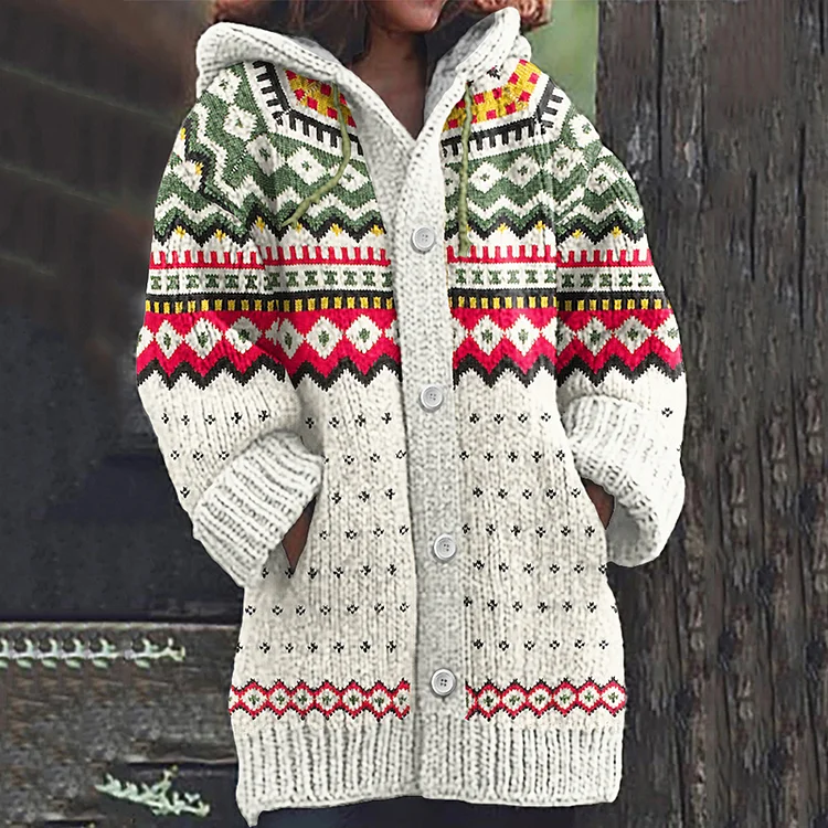 Vintage Geometric Diamond Print Women's Cardigan Sweater
