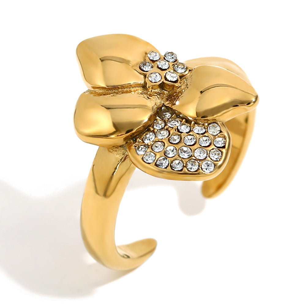 Niche High-End Design Hand Jewelry Stainless Steel Plated 18K Gold Asymmetrical Flower Dot Diamond Open Ring