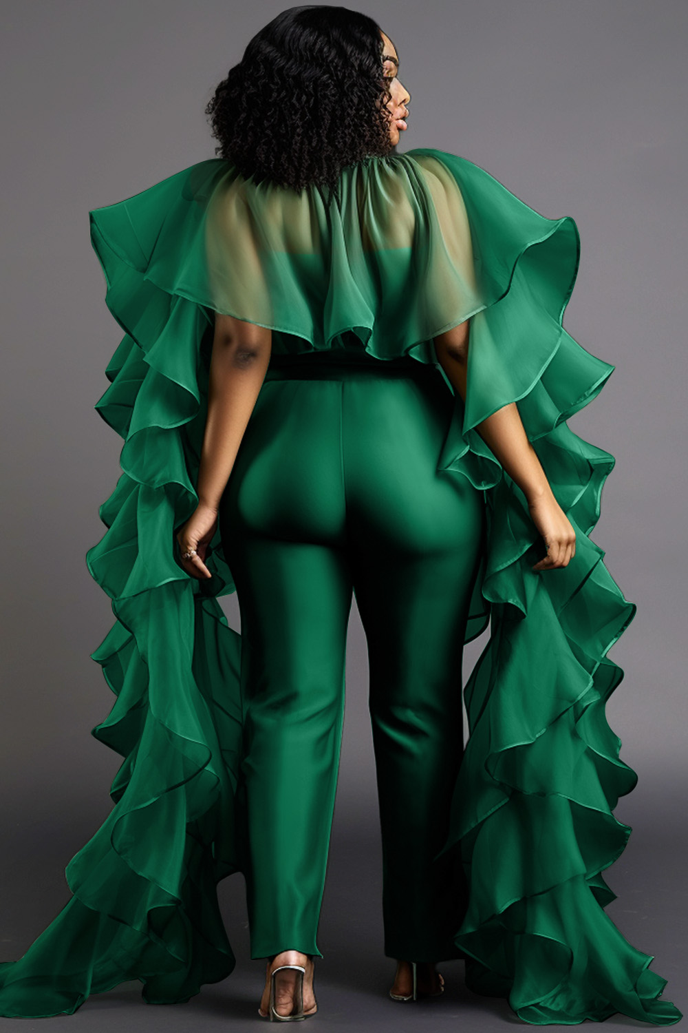 Design Plus Size Formal Elegant Green Spring Summer Mock Neck Cape Sleeve Half Sleeve Ruffle Flounce Jumpsuits [Pre-Order]