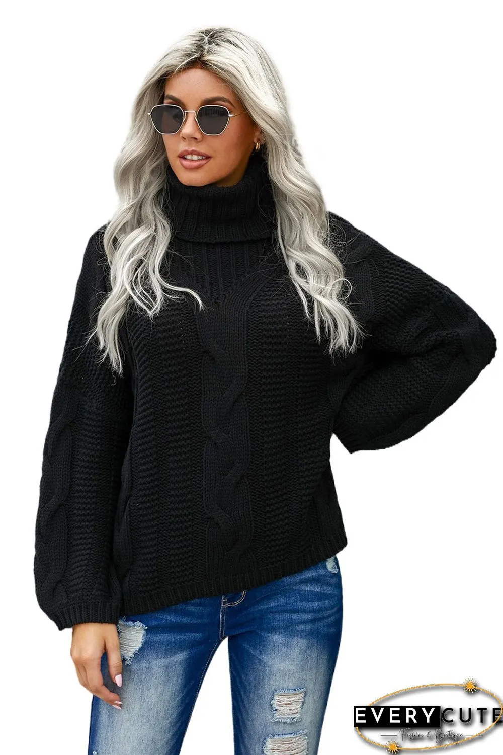 Black Oversize Turtleneck Textured Sweater