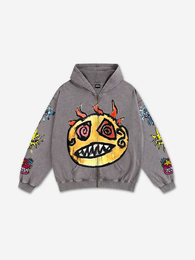 American Y2k Trendy Big Face Pattern Printed Acid Washed Oversized Zip-up Hoodie