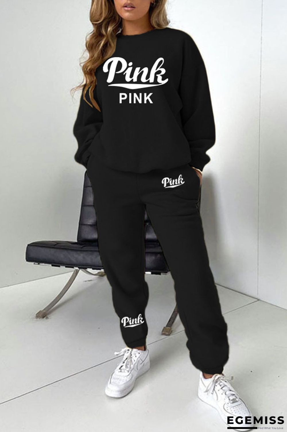 Black Casual Print Patchwork O Neck Long Sleeve Two Pieces | EGEMISS