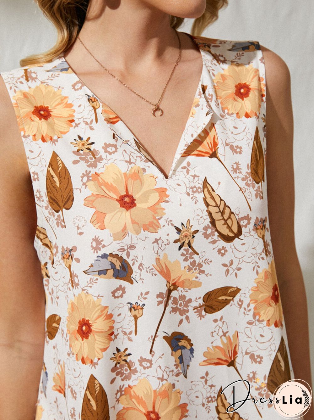 Flower Leaves Print V-neck Sleeveless Women Loose Maxi Dress